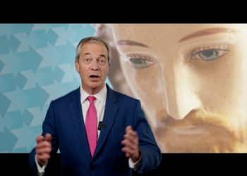 Nigel Farage with Jesus looking down on him