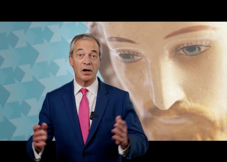 Nigel Farage with Jesus looking down on him