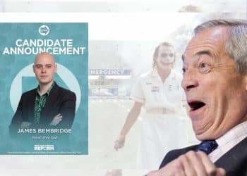 Nigel Farage and a flyer for candidate James Bembridge - Reform