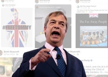 Nigel Farage in front of posts from a Reform candidate