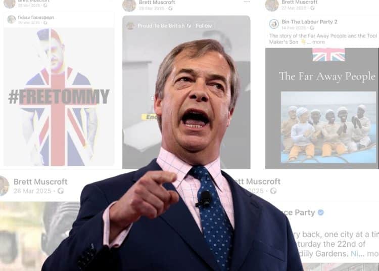 Nigel Farage in front of posts from a Reform candidate