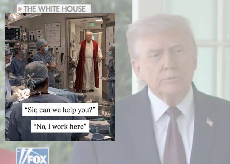Donald Trump at the White House and a meme mocking him
