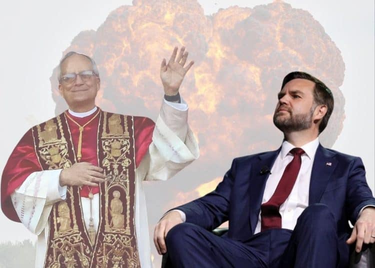 JD Vance and Pope Leo with an explosion behind them