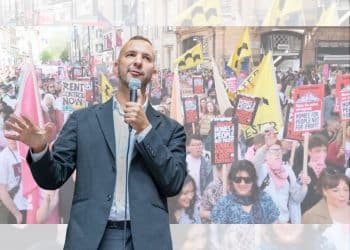 Zack Polanski superimposed over a London renters protest