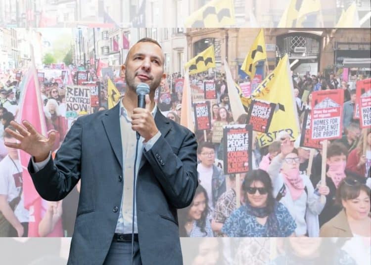Zack Polanski superimposed over a London renters protest