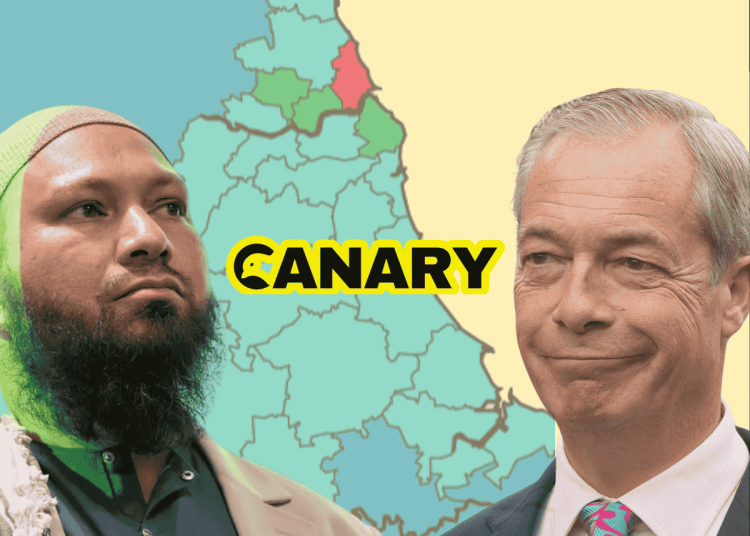 Background is a map of the voting intentions in the North East of England, which is mainly light blue with a few bits of green. In front and on the left is Mothin Ali and on the right is Nigel Farage looking smug. In the middle of them is the Canary logo