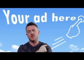 Tommy Robinson with a sign behind him which reads 'your ad here'