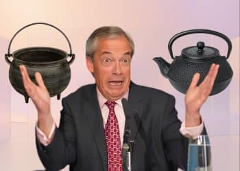 Nigel Farage in front of a black pot and a black kettle