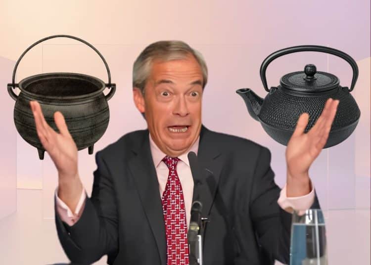 Nigel Farage in front of a black pot and a black kettle