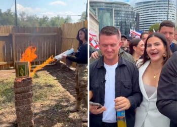 Valentina Gomez burning a Quran and standing with Tommy Robinson