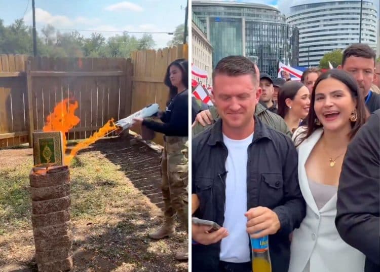 Valentina Gomez burning a Quran and standing with Tommy Robinson