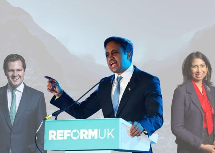 Robert Jenrick (left), Zia Yusuf of Reform (centre), and Suella Braverman (right) are collaged together for an illustration