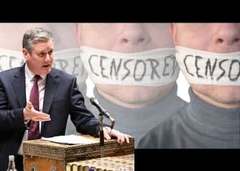 Keir Starmer in front of people with the word 'CENSORED' taped over their mouths