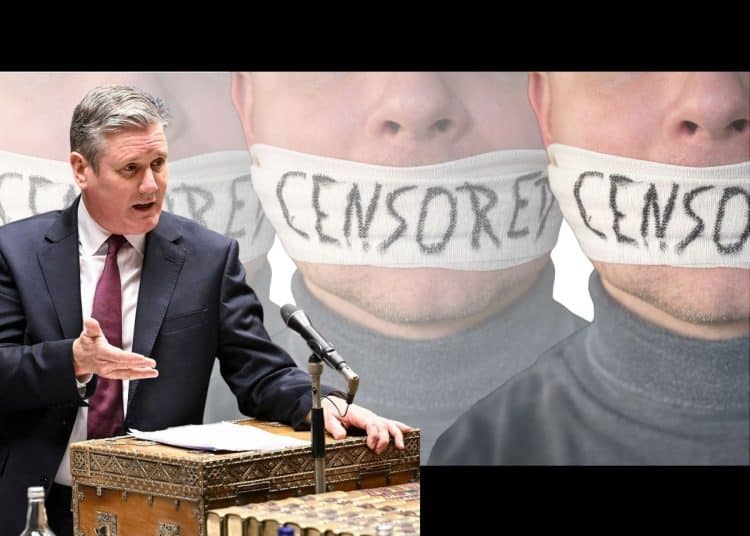 Keir Starmer in front of people with the word 'CENSORED' taped over their mouths