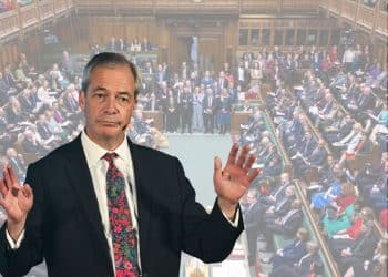Nigel Farage in front of an image of parliament