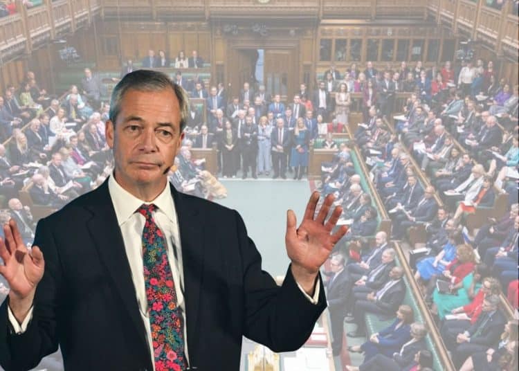 Nigel Farage in front of an image of parliament