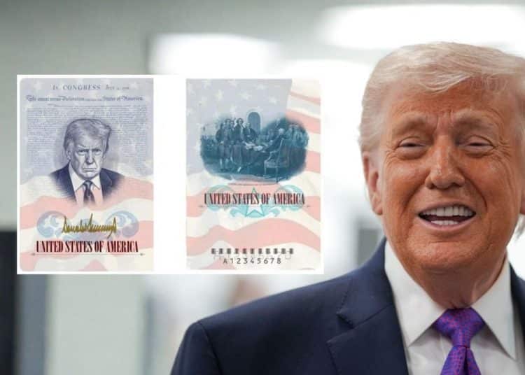Donald Trump and images of the passports with Trump's face on them