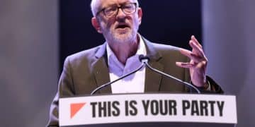 Jeremy Corbyn at podium saying This Is Your Party (CEC vote)