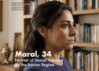 An AI-produced 'Maral' who is 34 years old, is on the screen. It says she is a survivor of sexual violence by the Iranian Regime