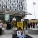 Fossil Fuel London campaigners outside US Embassy in London protesting oil company profits due to Trump war on Iran