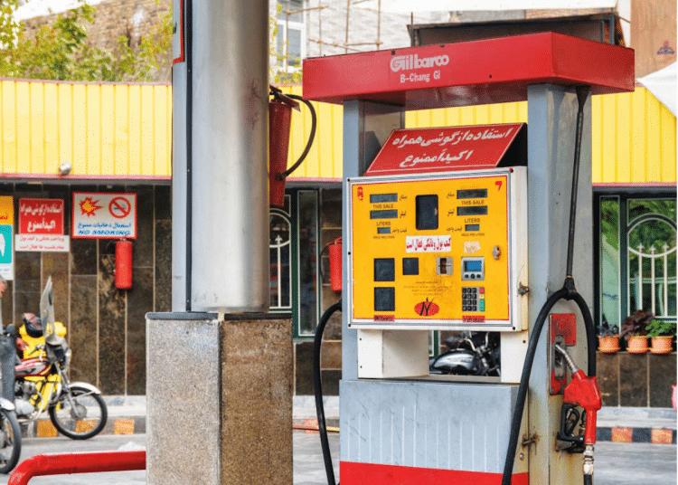 Colourful Gilbarco petrol pumps in empty gas station in Iran