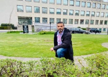 Councillor Habib Rahman at Newcastle Civic Centre. Memorial stone in Peace Garden.