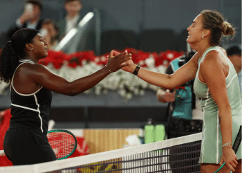 Hailey Baptiste of the US shakes hands with Belarus' Aryna Sabalenka after winning their Madrid Open quarterfinal at the Park Manzanares, Madrid, on April 28 2026.