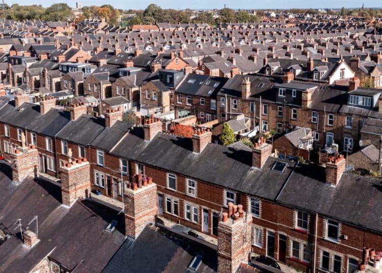 Aerial view of urban housing in the UK