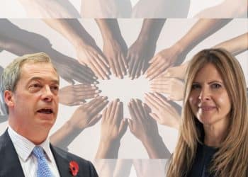Nigel Farage and Reform candidate Angela Ross in front of a stereotypical 'equality' image of hands of different skin colours joining together in a circle