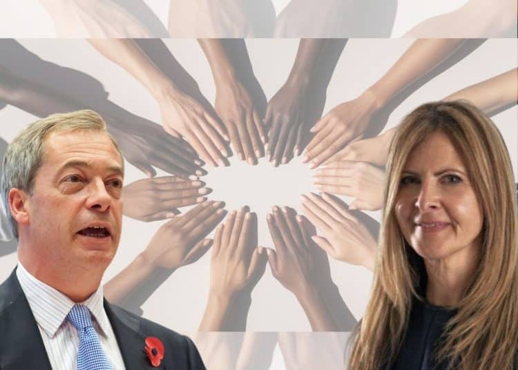 Nigel Farage and Reform candidate Angela Ross in front of a stereotypical 'equality' image of hands of different skin colours joining together in a circle