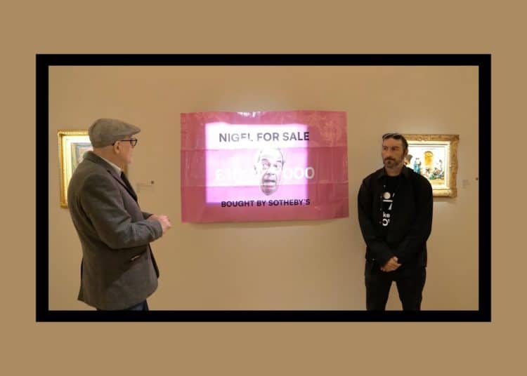Painting at Sotheby's covered with picture of Farage, saying Nigel For Sale