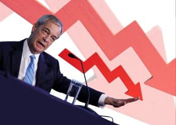 Nigel fARAGE WITH DOWN POINTING ARROWS, reform