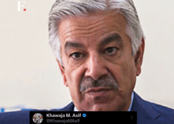 Pakistan defence minister, Khawaja Asif, with his X post on top of his portrait. It says: "Israel is evil and a curse for humanity, while peace talks are underway in Islamabad, genocide is being committed in Lebanon. Innocent citizens are being killed by Israel, first Gaza, then Iran and now Lebanon, bloodletting continues unabated. I hope and pray people who created this cancerous state on Palestinian land to get rid of European jews burn in hell."