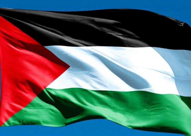 Close image of Palestine flag against blue sky. Pledge for Palestine