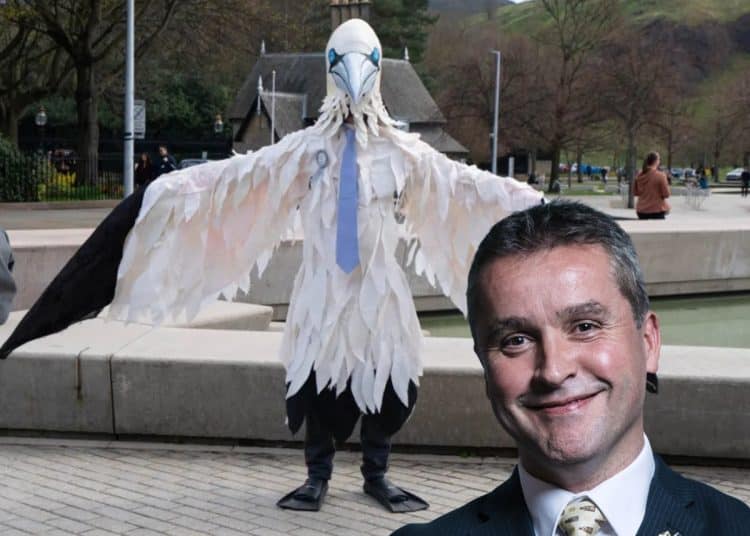 Image of Rob Pownall dressed as gannet and former MP Angus MacNeil. Row over guga hunt