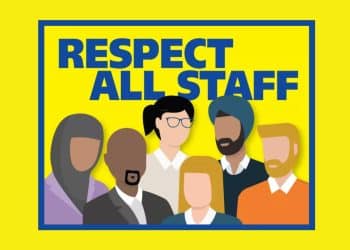 Graphic from TUC saying Respect All Staff and showing workers of different ethnicities. Racism at work