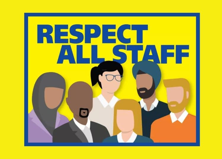 Graphic from TUC saying Respect All Staff and showing workers of different ethnicities. Racism at work