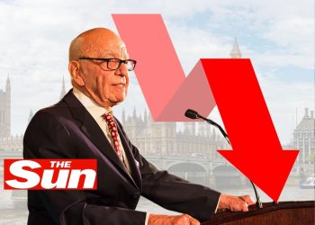 Rupert Murdoch and an arrow pointing downwards, The Sun