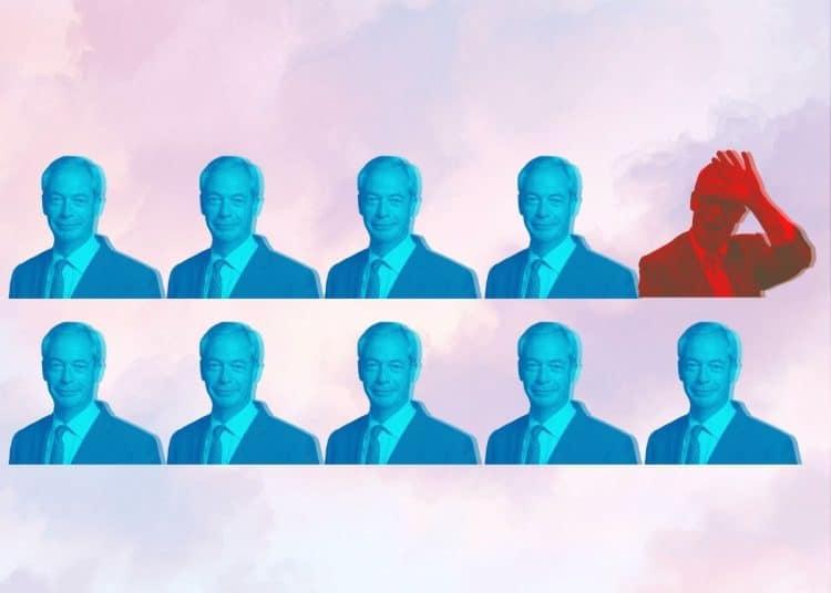 Turquoise images of Farage and one red Farage Reform