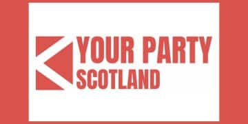 Your Party Scotland logo on white a red background