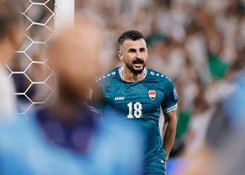 GUADALUPE, MEXICO - MARCH 31: Aymen Hussein of Iraq reacts during the FIFA World Cup 2026 Play-Off tournament final match between Iraq and Bolivia at Estadio Monterrey on March 31, 2026 in Guadalupe, Mexico.