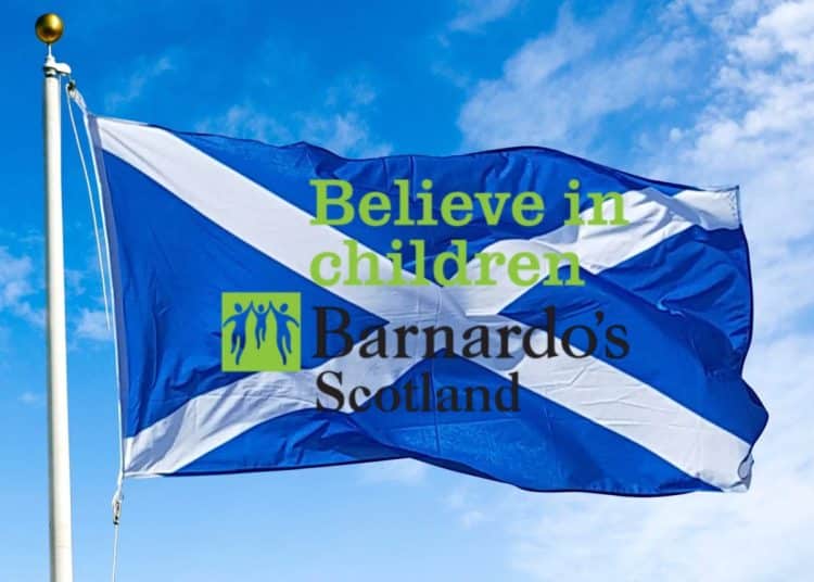 Composite image of Barnardo's Scotland logo over Scotland flag