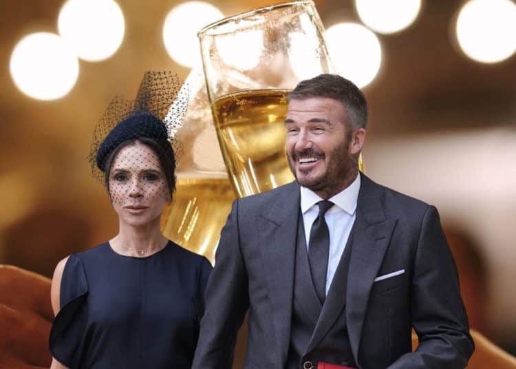 Composite image showing Victoria and David Beckham in front of a photo of champagne glasses being clinked Number of UK billionaires doubles since 2010