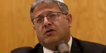 Ben-Gvir speaks at a microphone