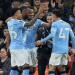Semenyo, Marmoush and Foden celebrate a goal for City