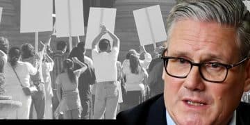 An image of Keir Starmer sits on top of an angry crowd of protesters