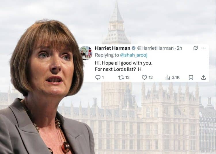 Harriet Harman in front of a tweet she accidentally sent