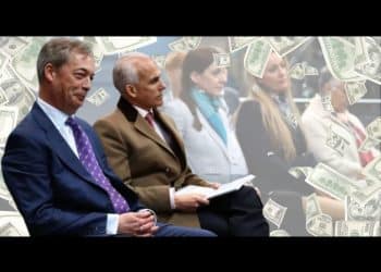 Nigel Farage and Ben Habib in separate photos and in the foreground is flying cash
