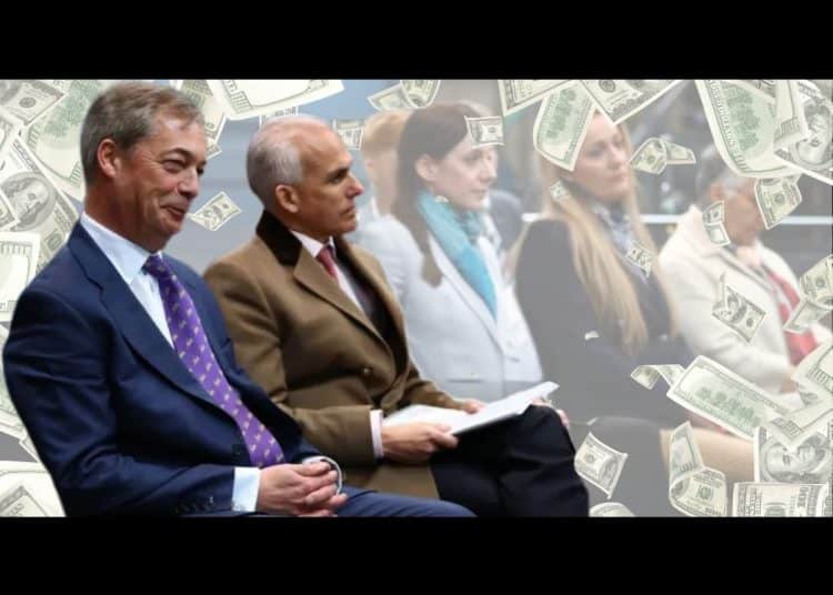 Nigel Farage and Ben Habib in separate photos and in the foreground is flying cash
