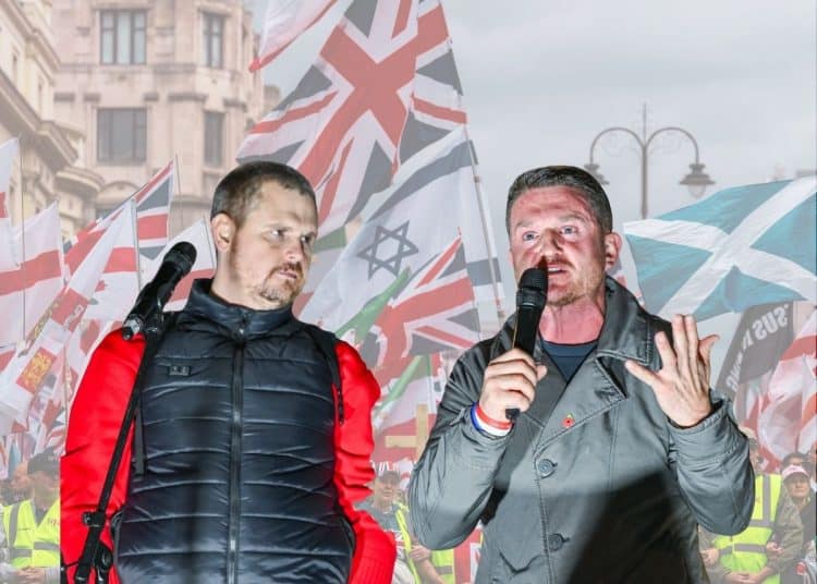 Tommy Robinson in front of various flags